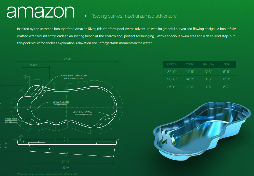 Amazon pool blueprint — dimensions, bench layout, and depth specifications