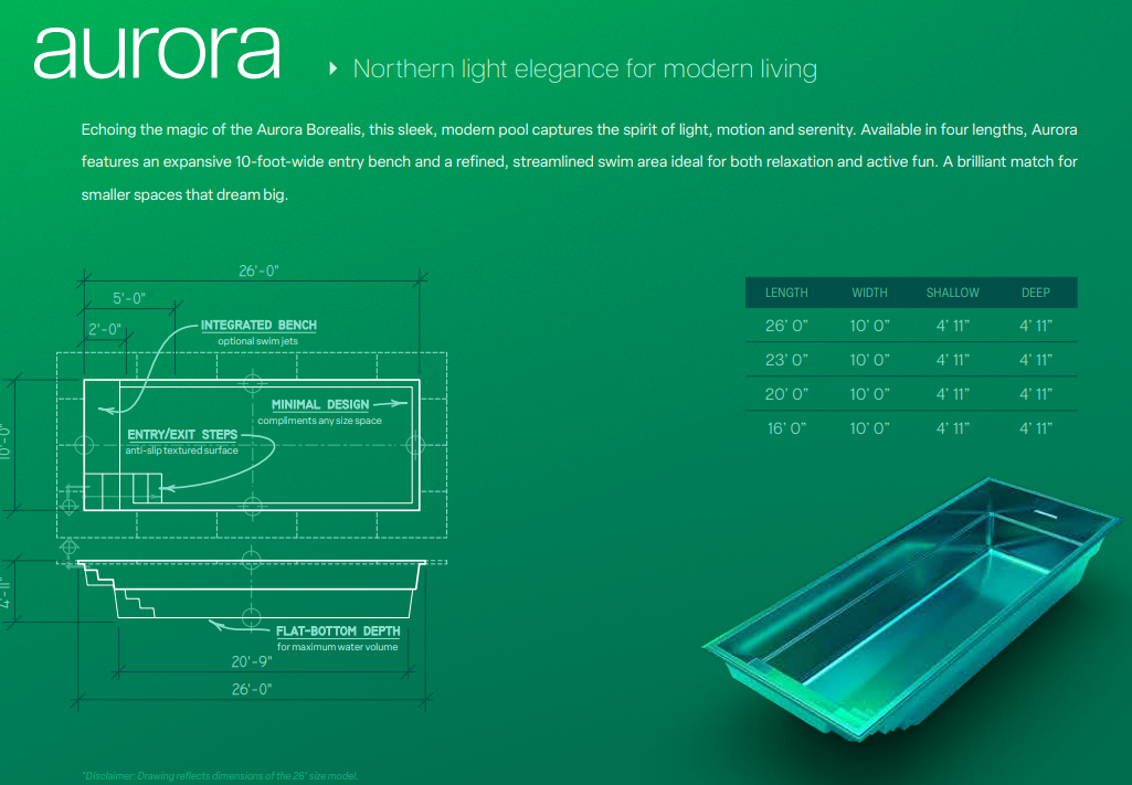 Aurora pool blueprint — dimensions, bench layout, and depth specifications