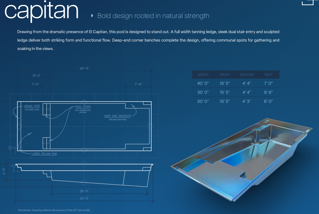 El Capitan pool blueprint — dimensions, tanning ledge, and depth specifications