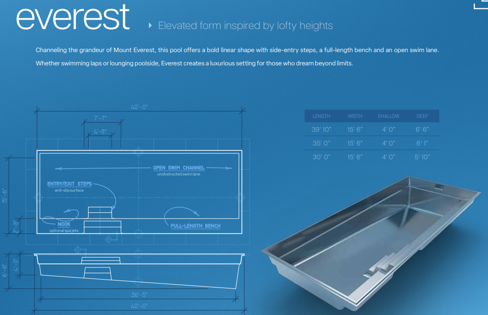 Everest pool blueprint — dimensions, swim channel, and bench specifications