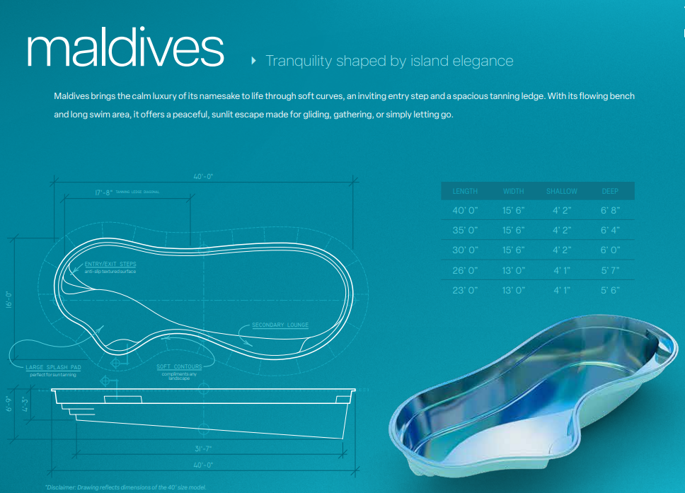 Maldives pool blueprint — dimensions, splash pad, and contour specifications
