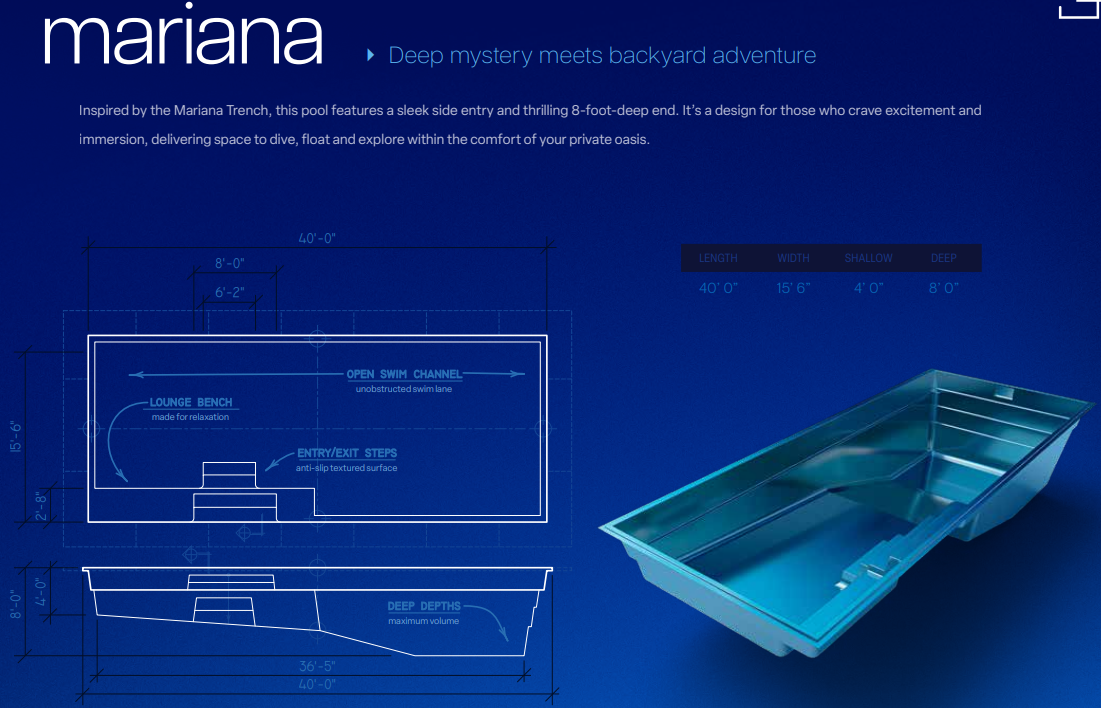 Mariana pool blueprint — dimensions, swim corridor, and depth specifications