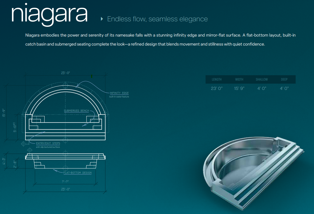 Niagara pool blueprint — dimensions, infinity edge, and seating specifications
