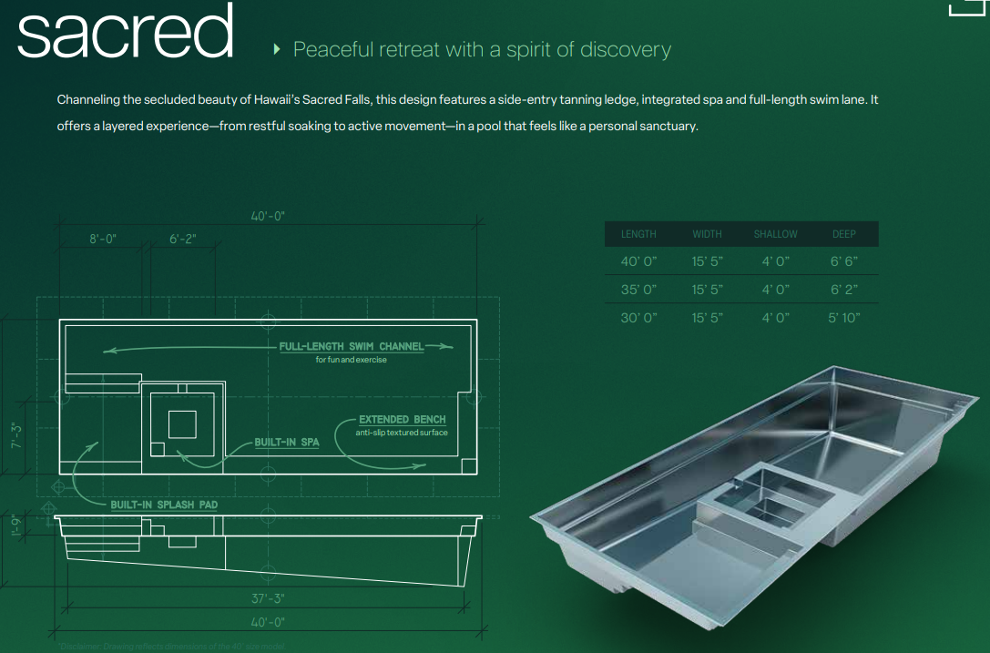 Sacred pool blueprint — dimensions, spa integration, and swim lane specifications