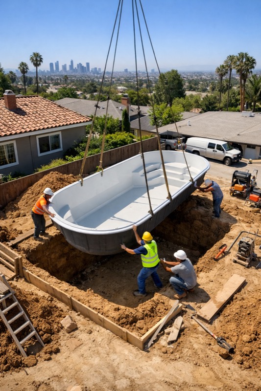 Fiberglass pool being crane-lifted into backyard during installation